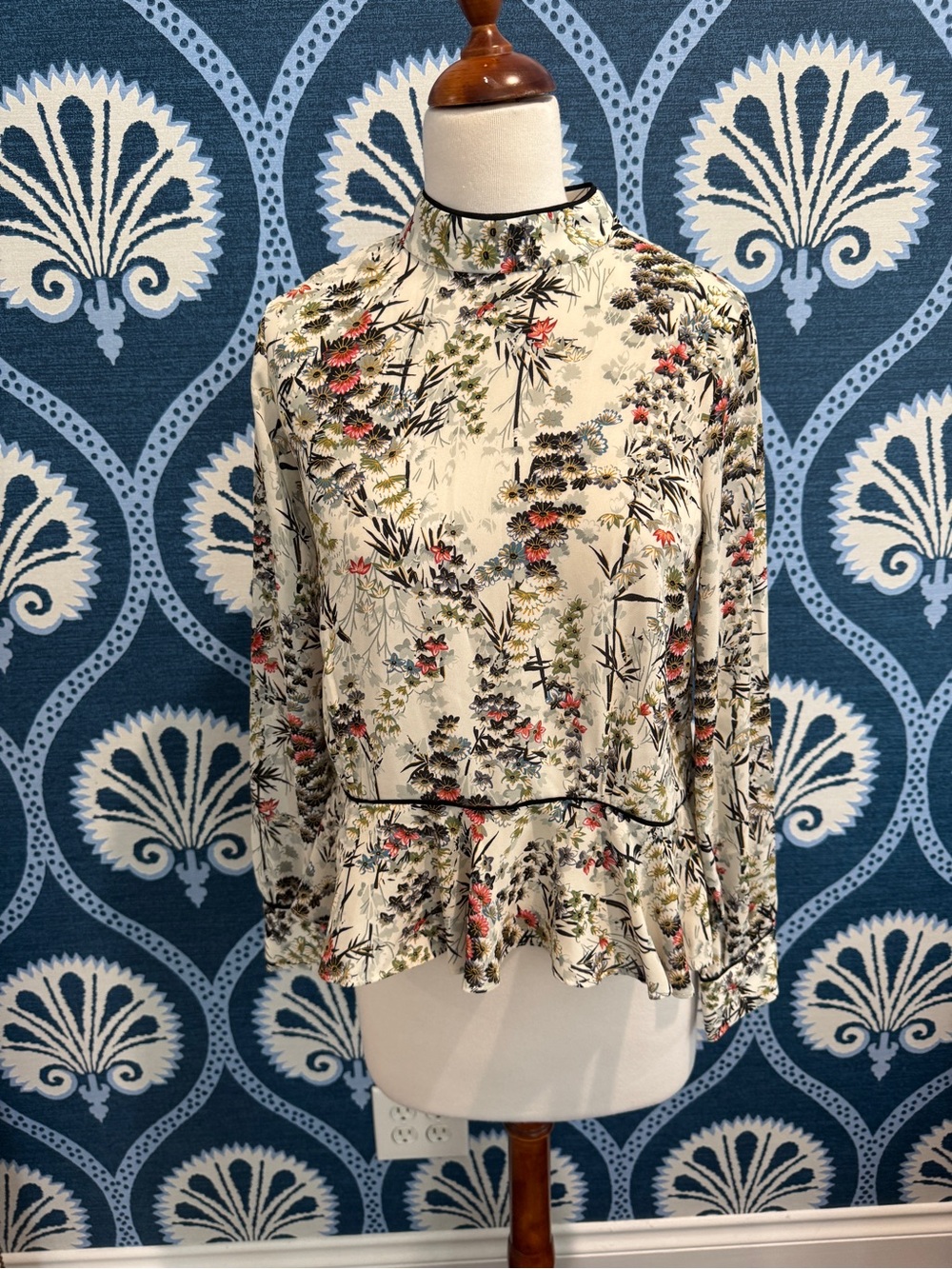 Zara Cream Floral Peplum Mock-Neck Blouse